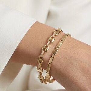 14K Gold Plated Double Chain Bracelet | Mariner Pave Link & Bar Chain | 2 in 1